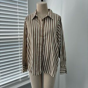 Vestique Women's Bat Wing Brown Striped Button Down Top